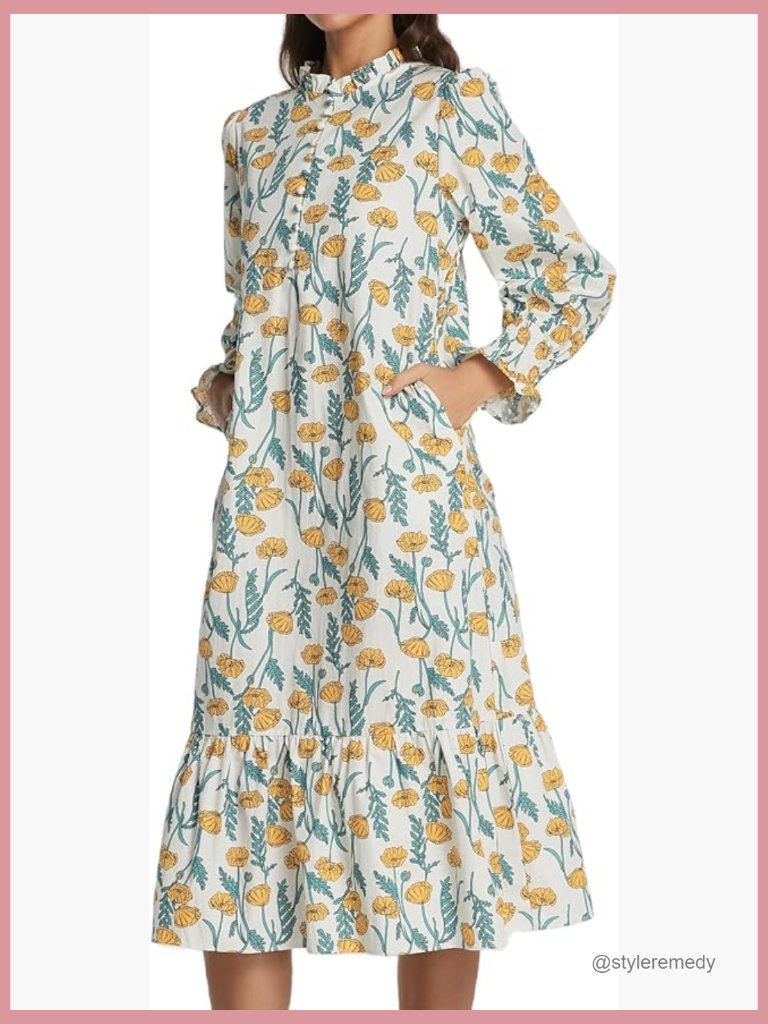 100% Cotton Puff Sleeve Mock Neck Midi Dress Floral Casual Long Sleeve